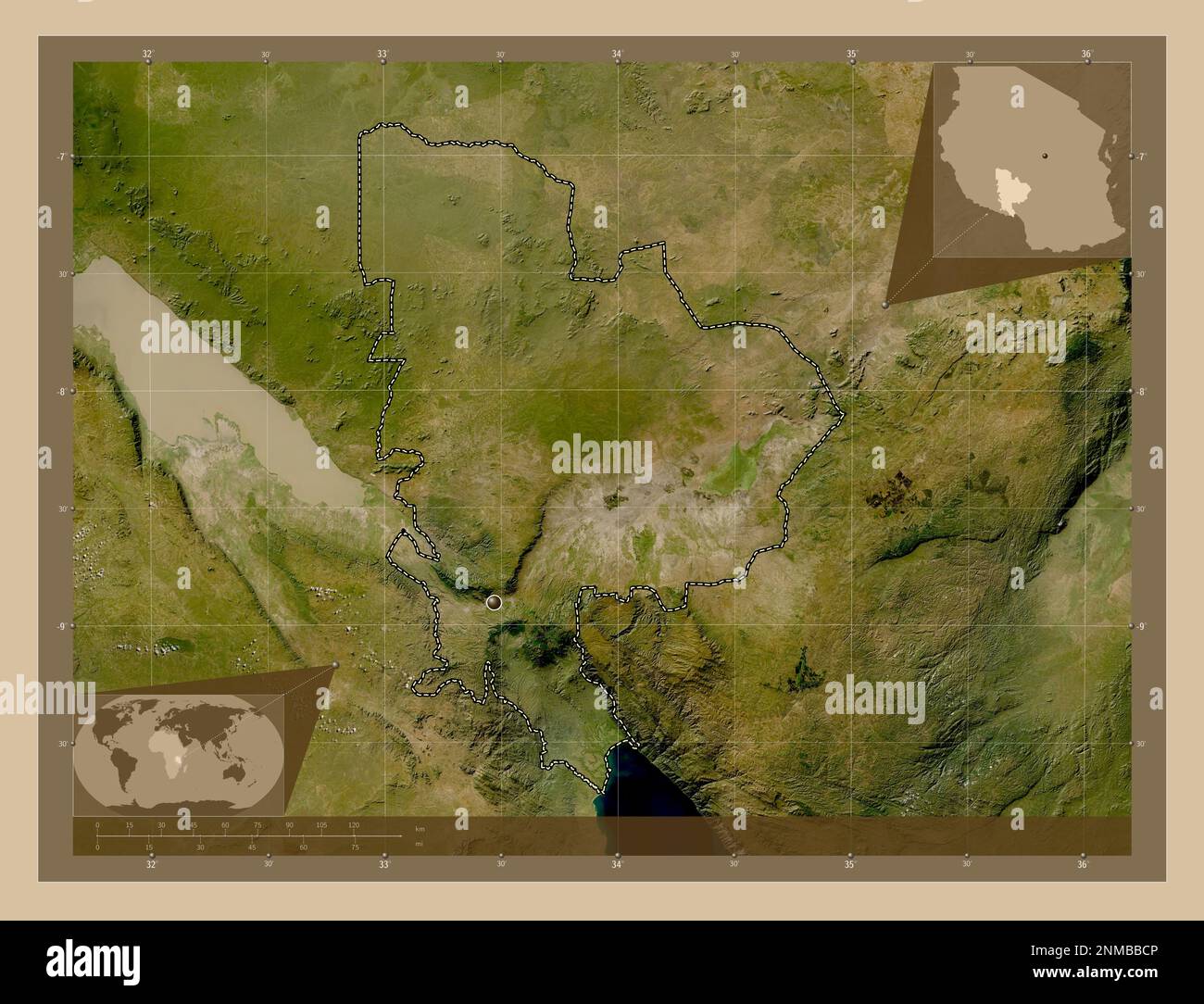 Mbeya, region of Tanzania. Low resolution satellite map. Corner ...