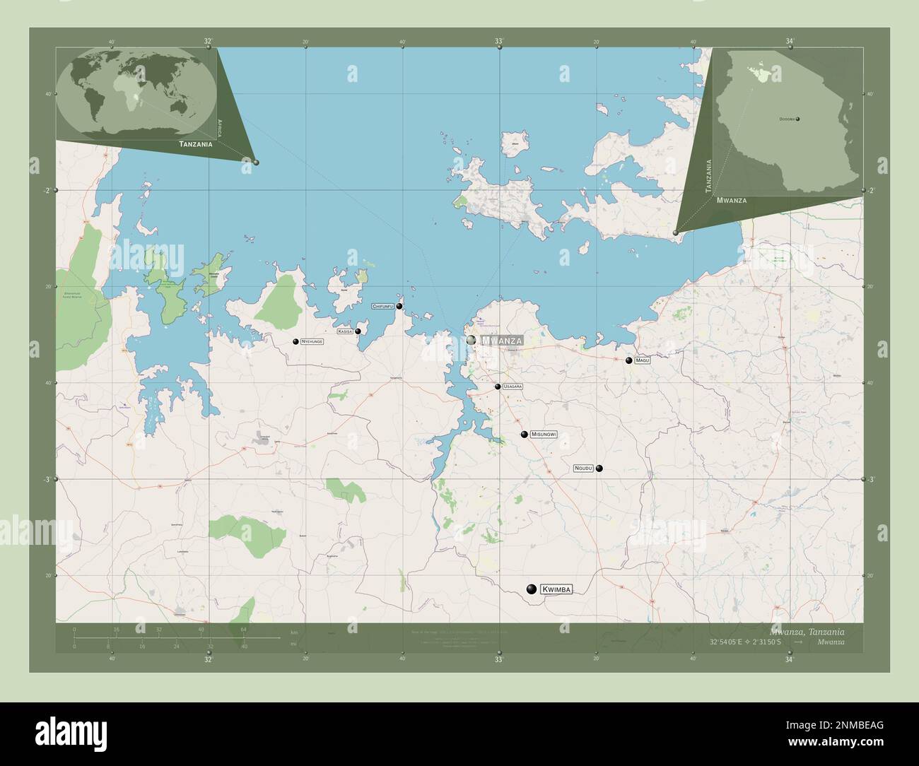 Mwanza, region of Tanzania. Open Street Map. Locations and names of