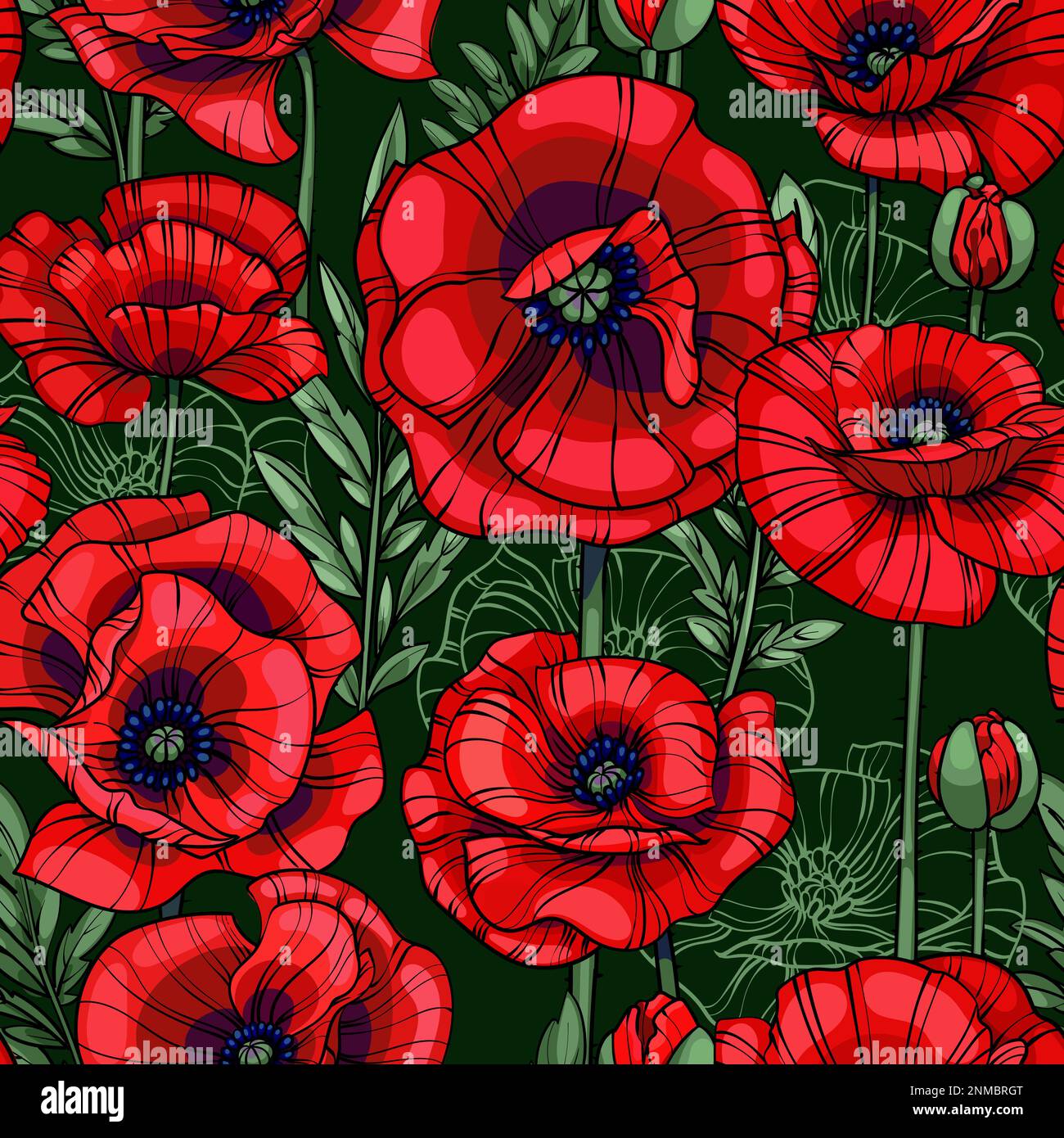 scarlet red poppies seamless vector pattern Stock Vector