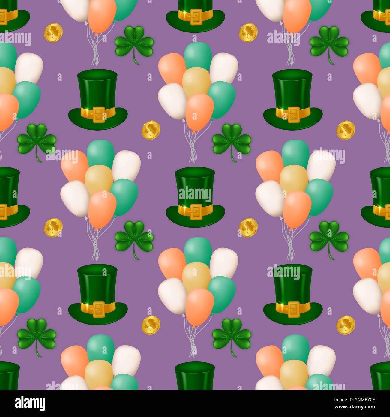 Celebrate St. Patrick's Day in style with our seamless pattern featuring a Leprechaun hat, clover leaves, gold coins, and balloons on a purple backgro Stock Vector