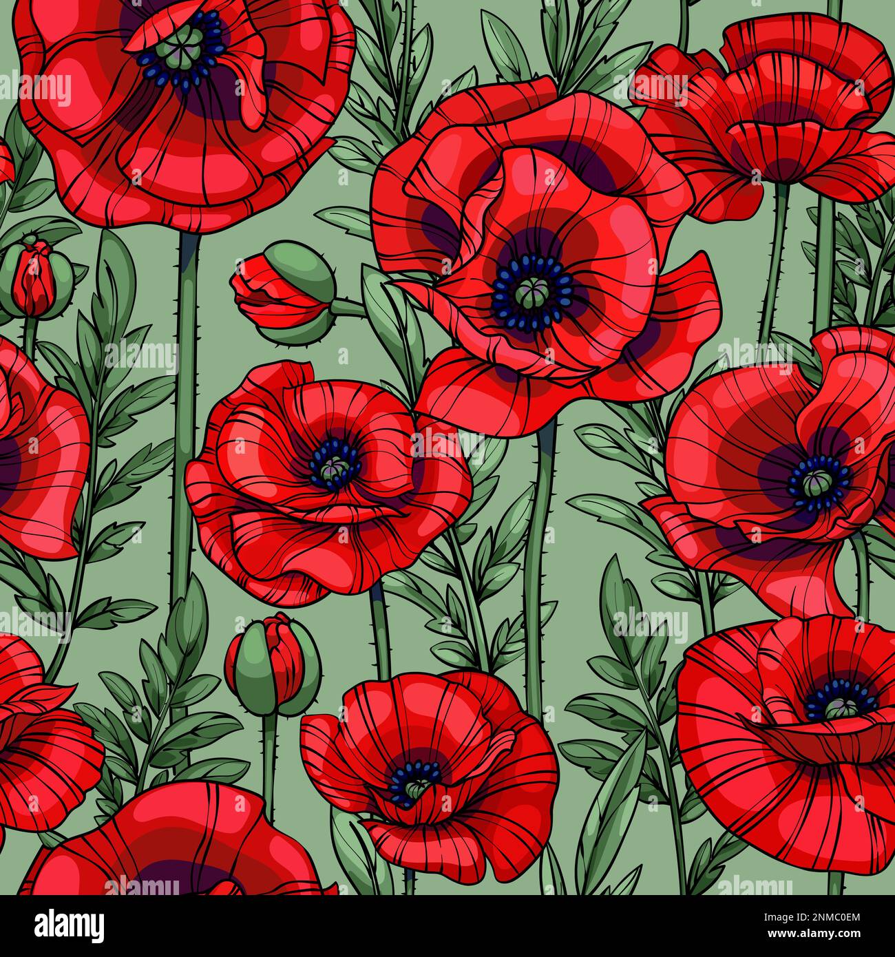 scarlet red poppies seamless vector pattern Stock Vector