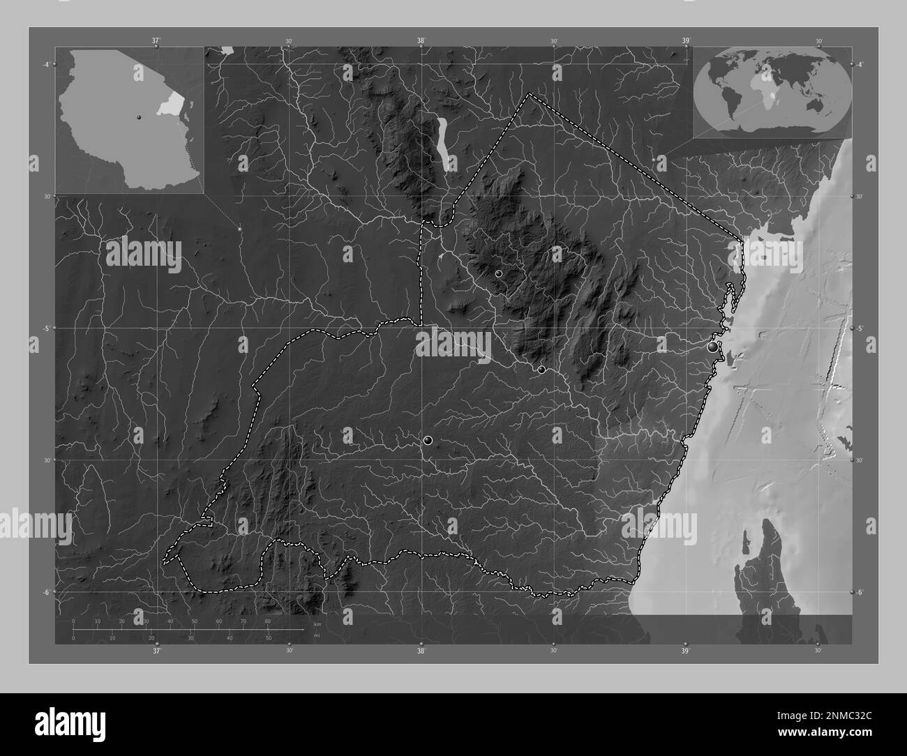 Tanga, region of Tanzania. Grayscale elevation map with lakes and