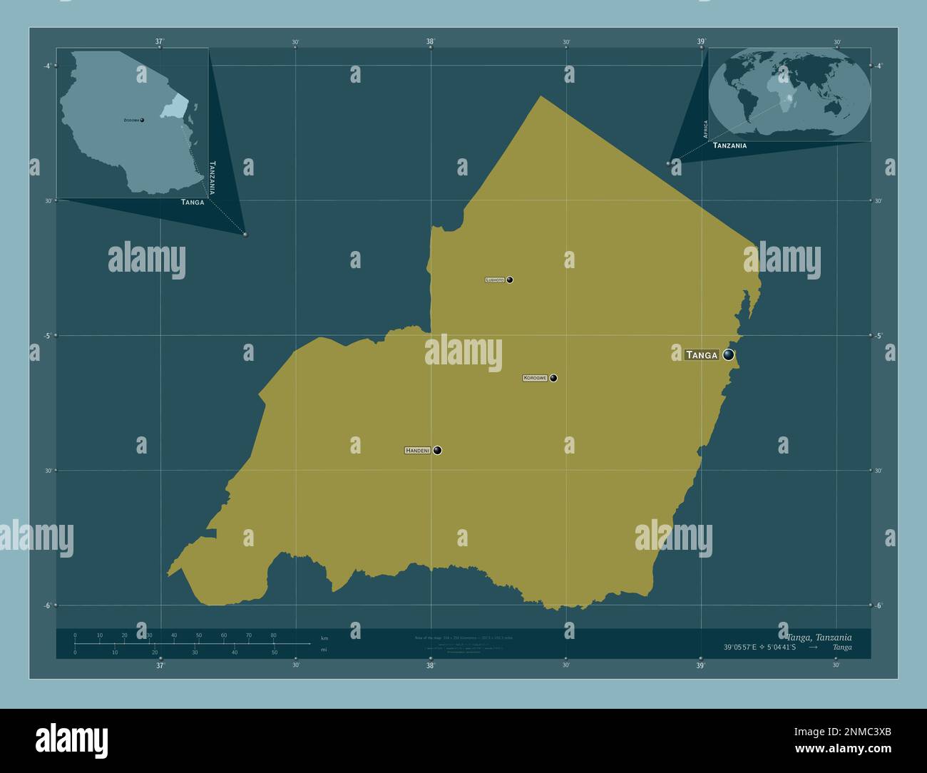 Tanga, region of Tanzania. Solid color shape. Locations and names of