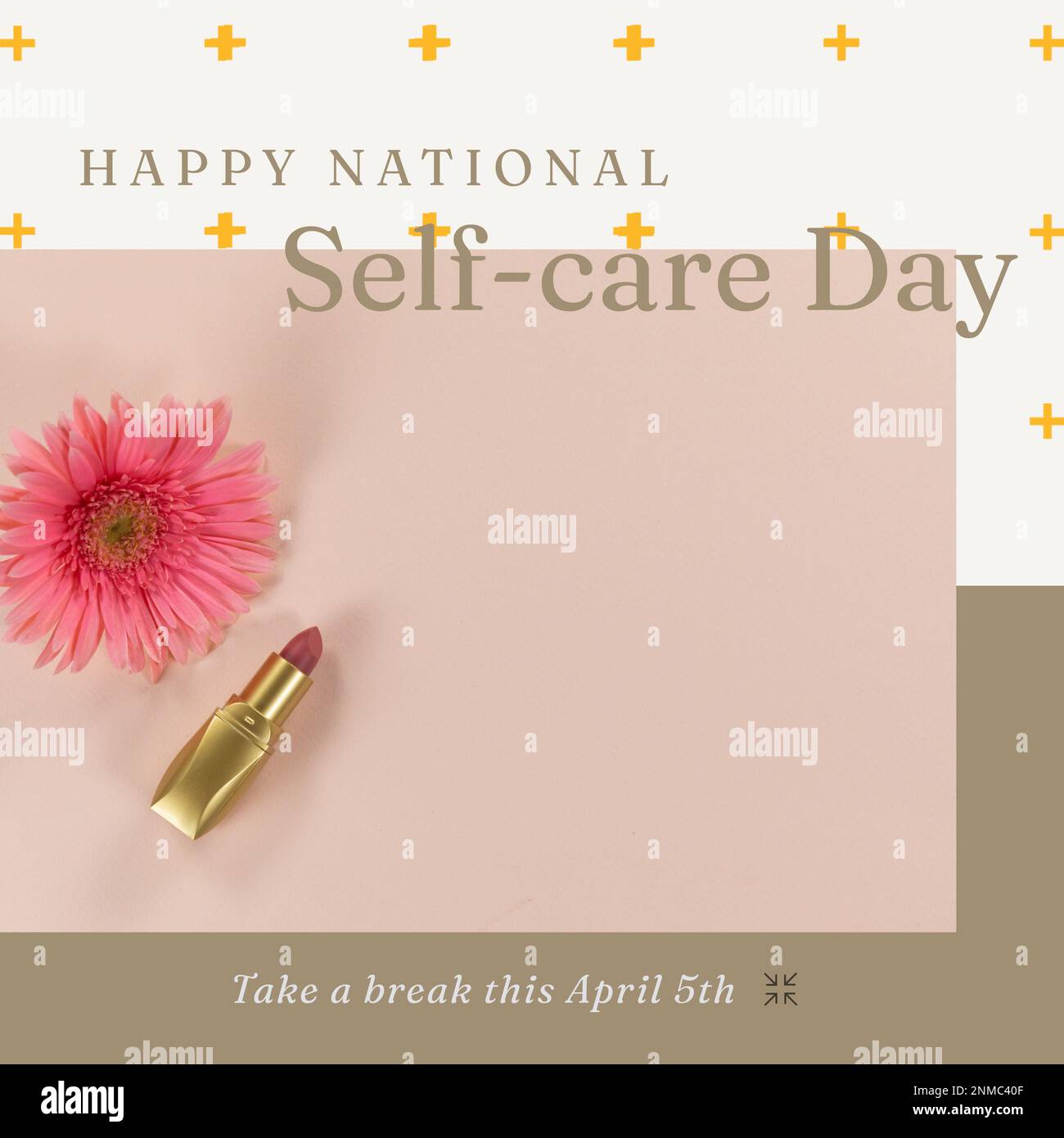 Composition of happy national selfcare day text over lipstick and