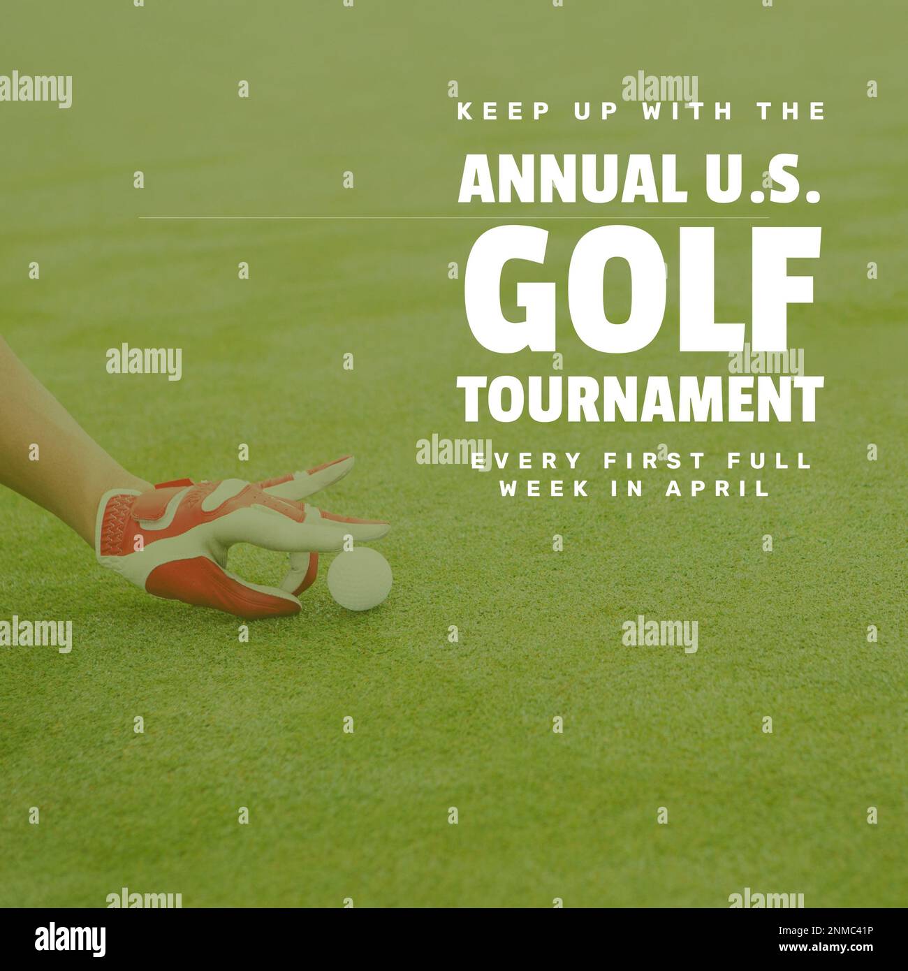 Image of annual us golf tournament text over hand flicking golf ball on golf course Stock Photo
