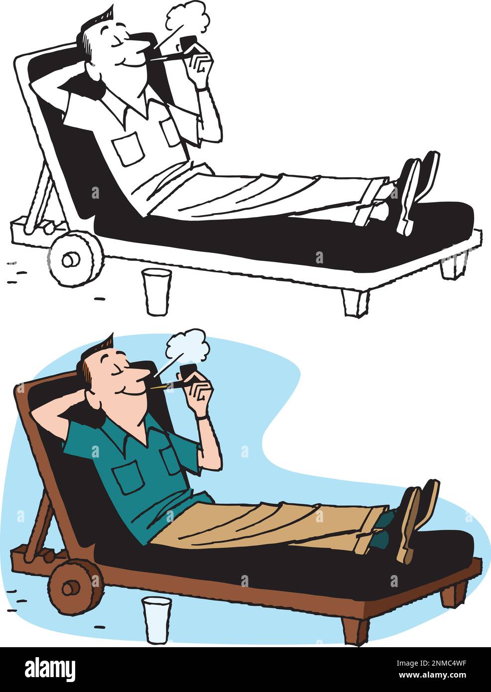 A vintage retro cartoon of a businessman relaxing in his lounge chair and smoking his pipe Stock
