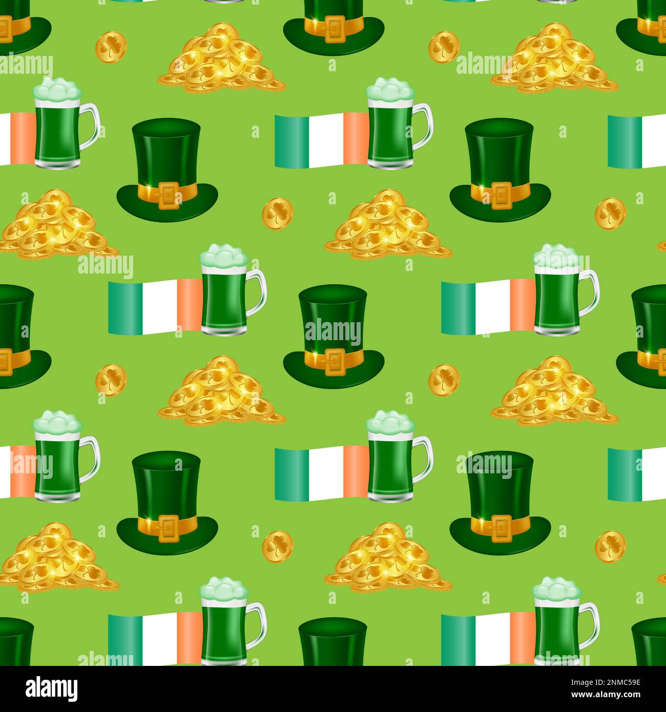 Get into the St. Patrick's Day spirit with our seamless pattern featuring the Irish flag, Leprechaun hat, beer mug, and gold coins. For wallpaper, fab Stock Vector