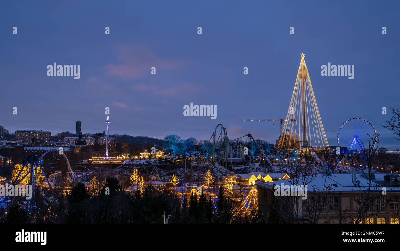 Gothenburg, Sweden - december 11 2022: Dusk view over Liseberg amusement park in christmas lights Stock Photo