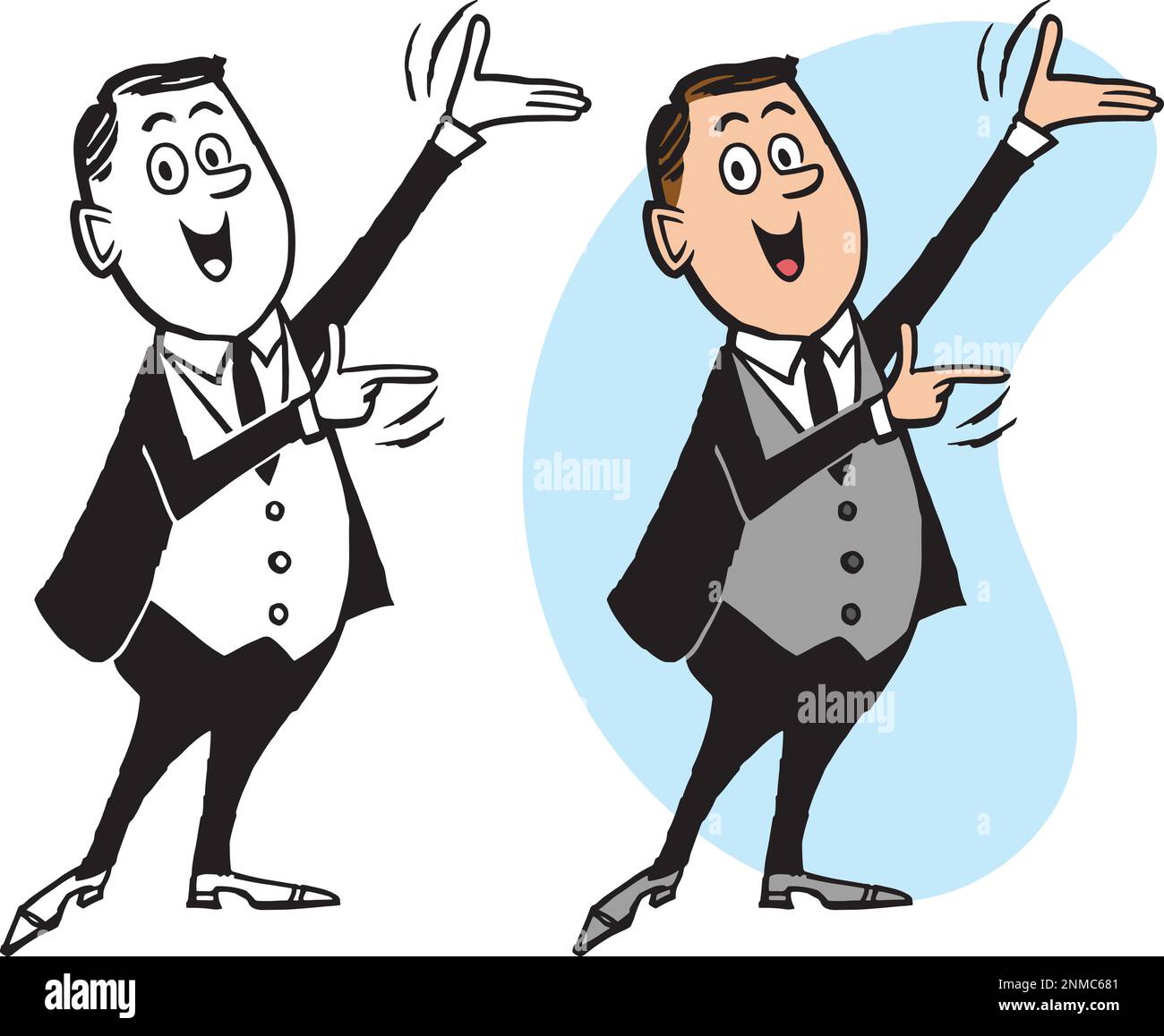 A vintage retro cartoon of a businessman gesturing and pointing to the right. Stock Vector