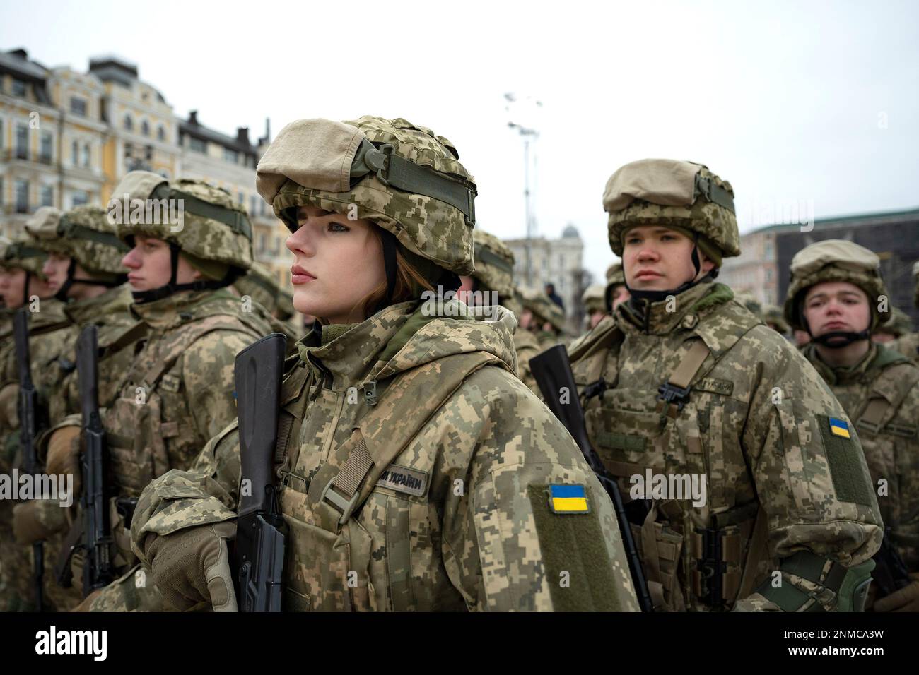 Kyiv, Ukraine. 24th Feb, 2023. Ukrainian soldiers stand at attention during the 1st anniversary of the Russian invasion at Saint Sophia's Square, February 24, 2023 in Kyiv, Ukraine. Credit: Pool Photo/Ukrainian Presidential Press Office/Alamy Live News Stock Photo