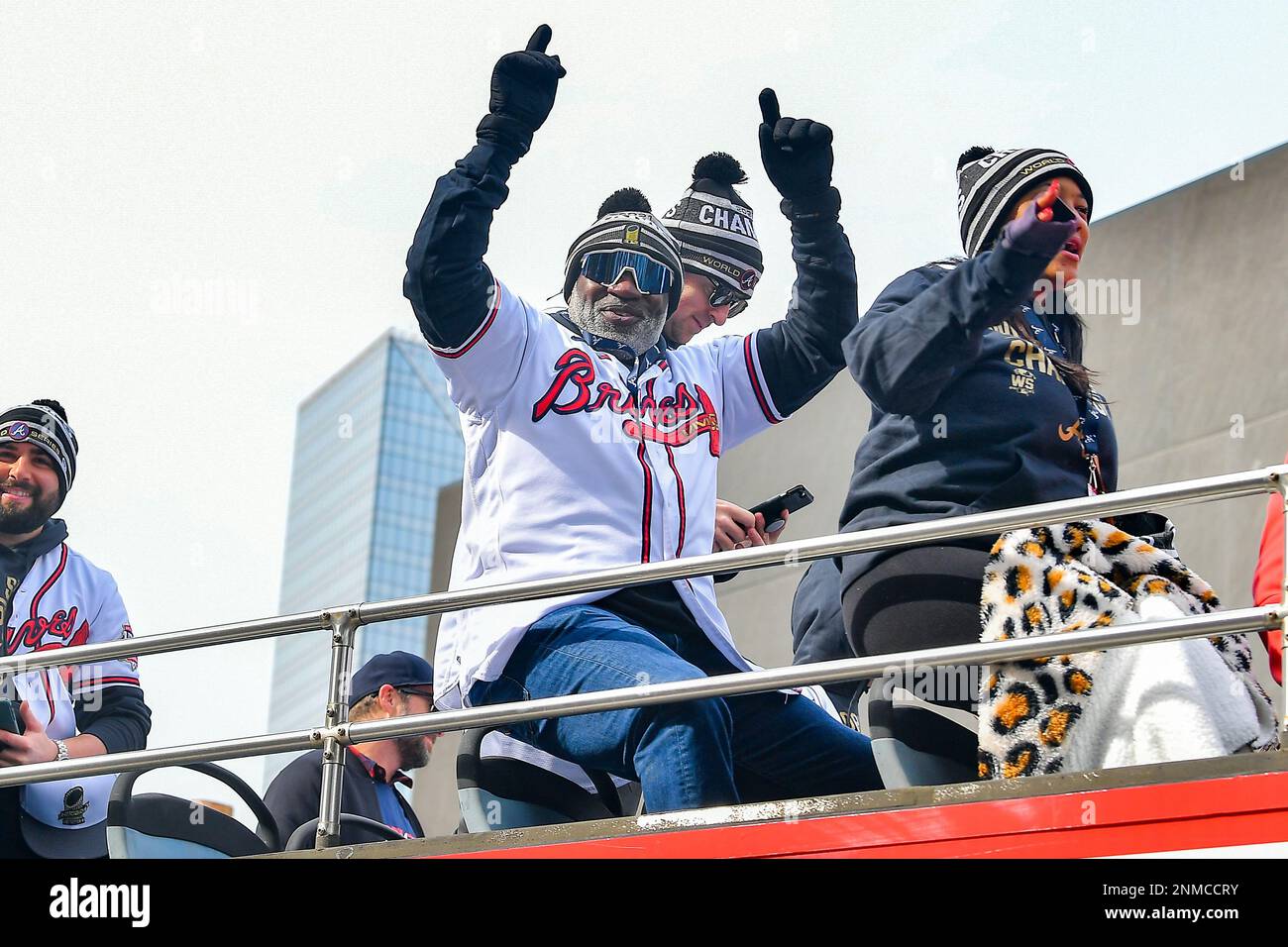 ATLANTA, GA NOVEMBER 05 Atlanta Braves first base coach Eric Young Sr. waves to fans during