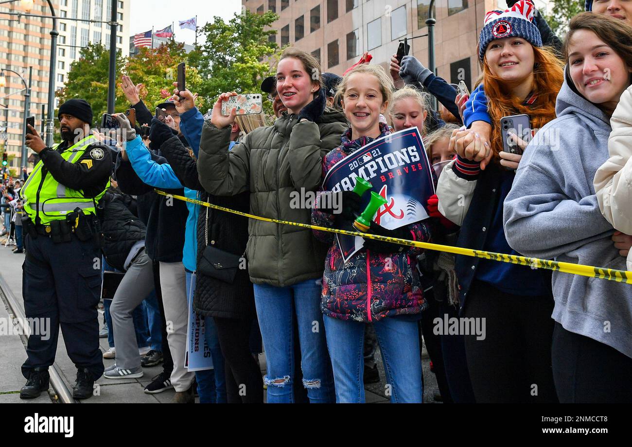 Atlanta, USA. 05th Nov, 2021. Shortstop Dansby Swanson addresses fans at a  ceremony after a parade to celebrate the World Series Championship for the  Atlanta Braves at Truist Park in Atlanta, Georgia