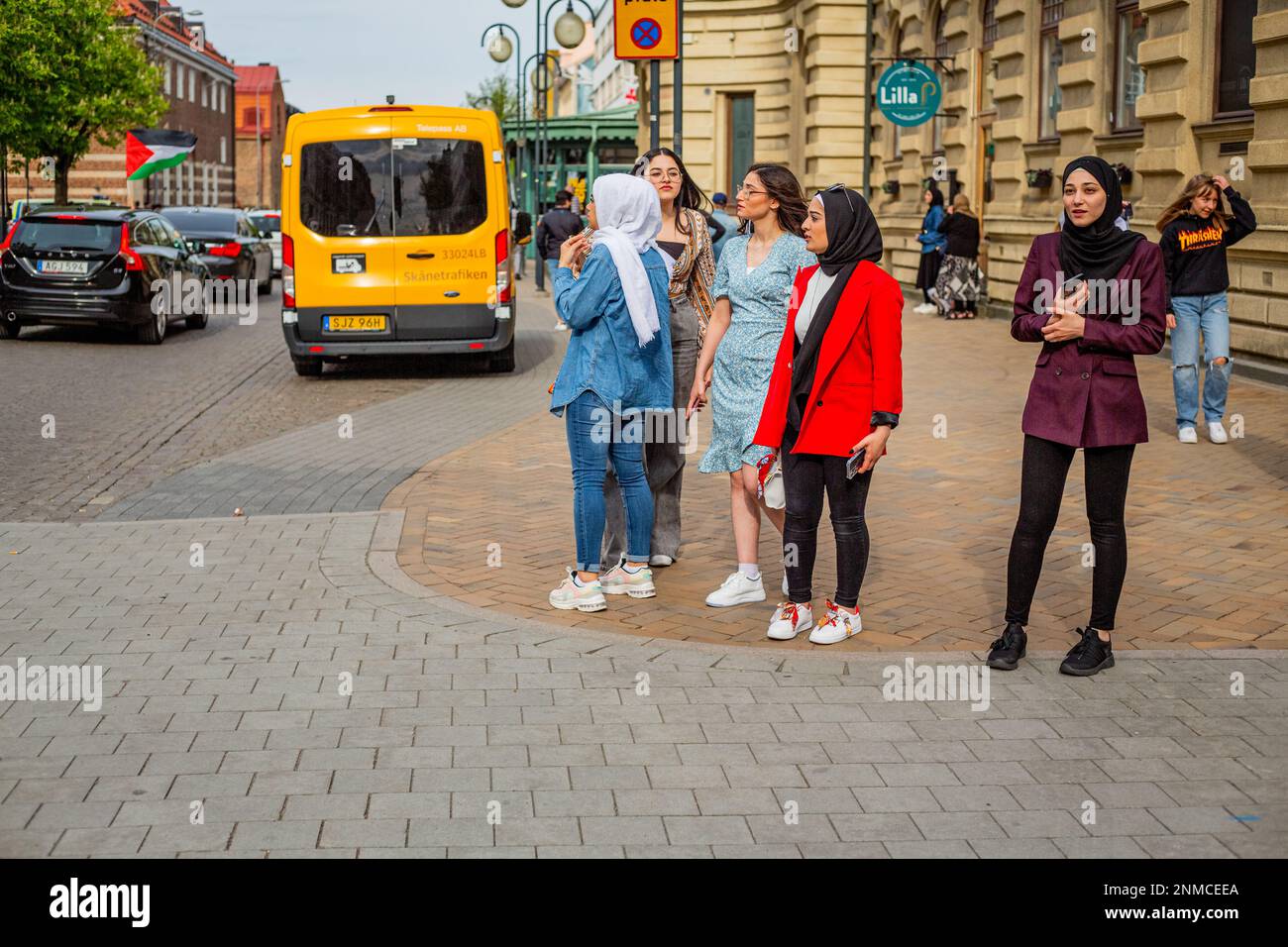 KRISTIANSTAD, SWEDEN - MAY 14, 2021: Muslim girls during a protest against Israels new attacks on Palestine Stock Photo