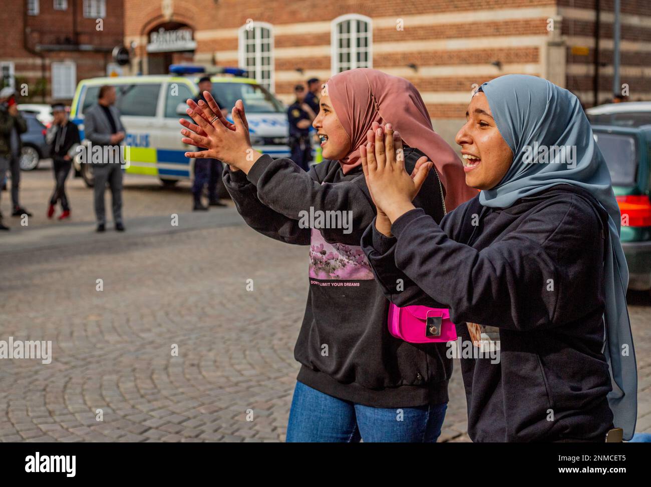 KRISTIANSTAD, SWEDEN - MAY 14, 2021: Muslim girls during a protest against Israels new attacks on Palestine Stock Photo