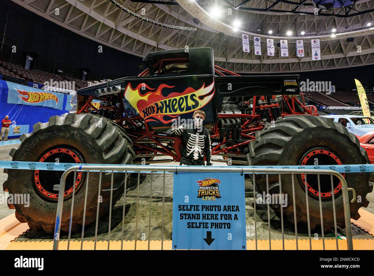 NORFOLK, VA - OCTOBER 31: Monster Truck Bone Shaker driven by Cody Holman  doing stunts during Hot Wheels Monster Trucks Live on October 31, 2021, at  Scope Arena in Norfolk, VA. (Photo