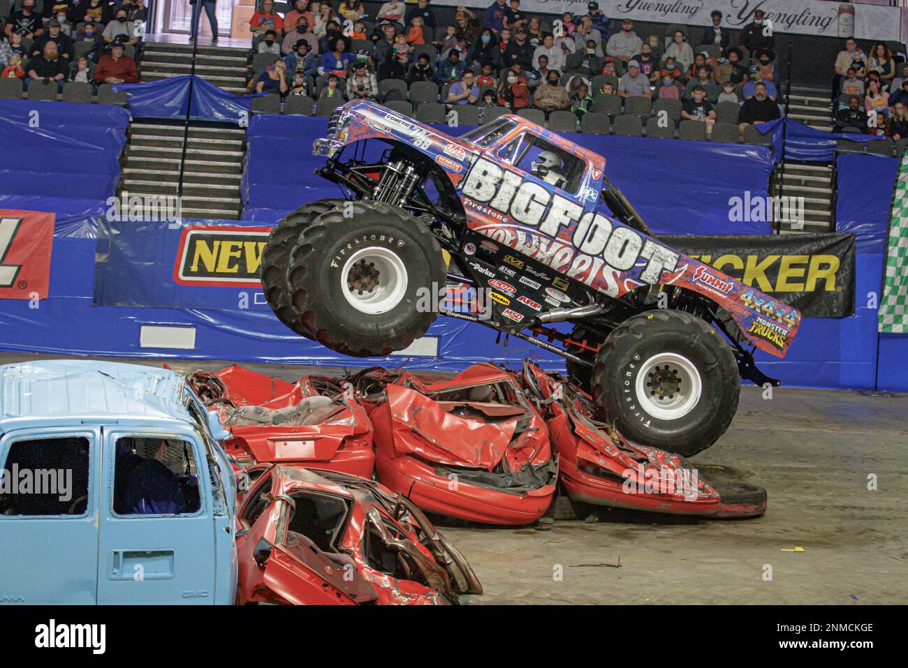 NORFOLK, VA - OCTOBER 31: Monster Truck Bone Shaker driven by Cody Holman  doing stunts during Hot Wheels Monster Trucks Live on October 31, 2021, at  Scope Arena in Norfolk, VA. (Photo