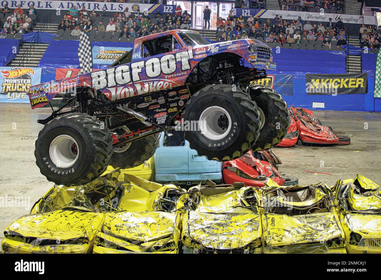 NORFOLK, VA - OCTOBER 31: Monster Truck Bone Shaker driven by Cody Holman  doing stunts during Hot Wheels Monster Trucks Live on October 31, 2021, at  Scope Arena in Norfolk, VA. (Photo