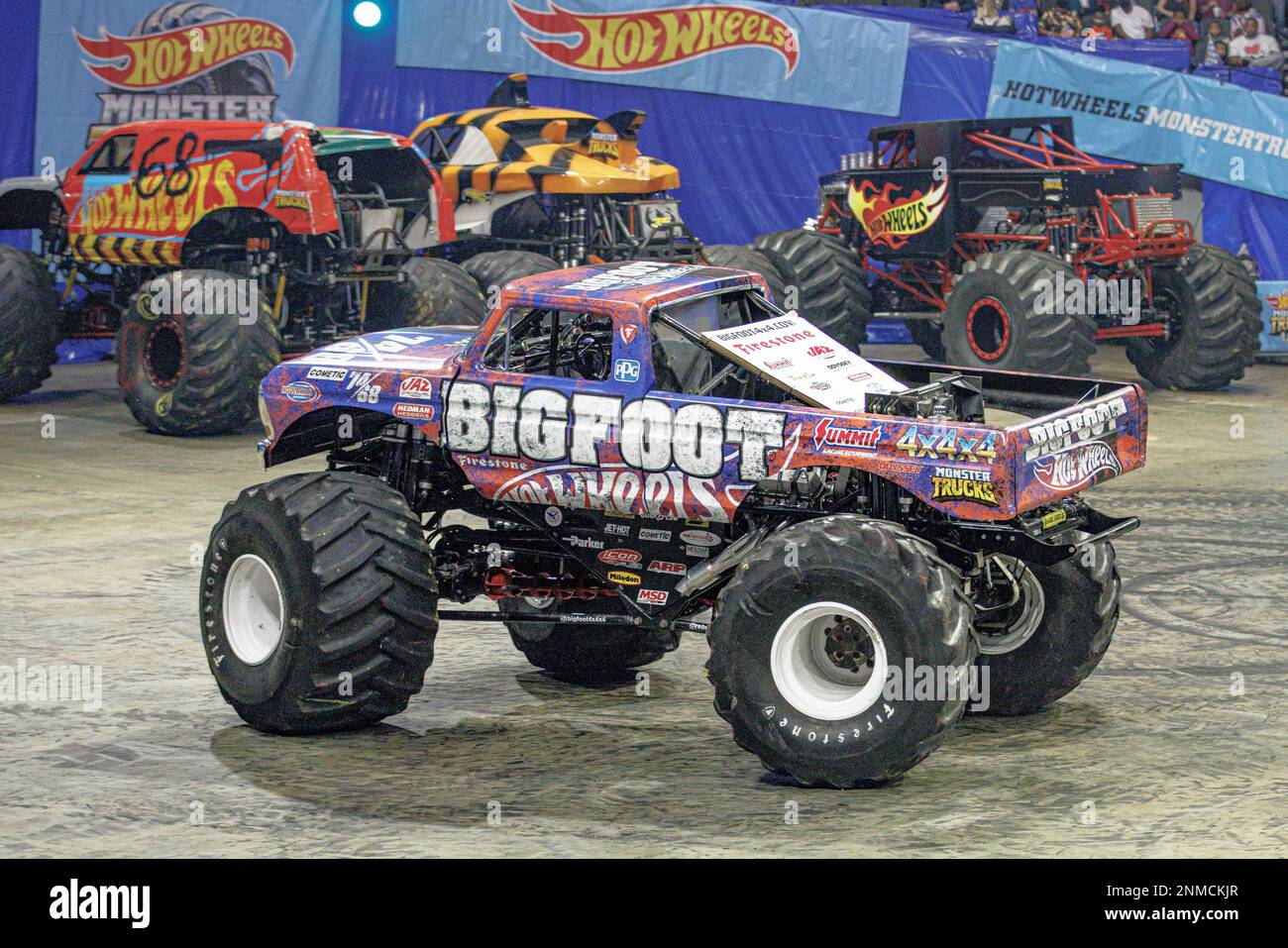 NORFOLK, VA - OCTOBER 31: Monster Truck Bone Shaker driven by Cody Holman  doing stunts during Hot Wheels Monster Trucks Live on October 31, 2021, at  Scope Arena in Norfolk, VA. (Photo