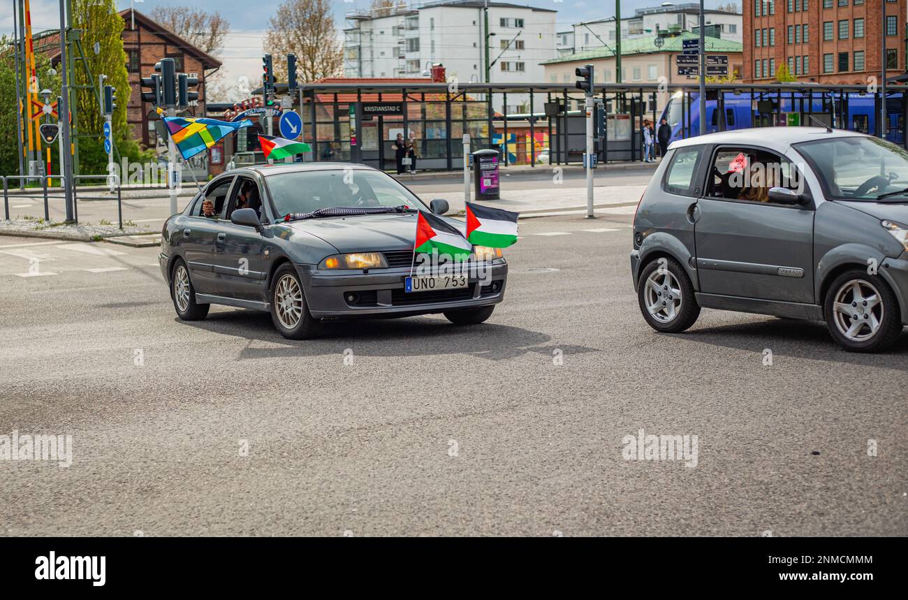 KRISTIANSTAD, SWEDEN - MAY 14, 2021: Car with Swedish and Palestinian flags during protest against Israels new attack on Gaza Stock Photo
