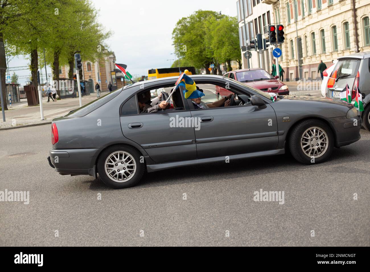 KRISTIANSTAD, SWEDEN - MAY 14, 2021: Car with Swedish and Palestinian flags during protest against Israels new attack on Gaza Stock Photo