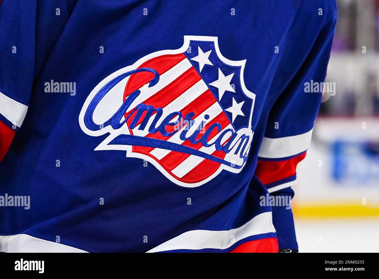 LAVAL, QC - OCTOBER 30: View of a Rochester Americans logo on a jersey  during the Rochester Americans versus the Laval Rocket game on October 30,  2021, at Place Bell in Laval