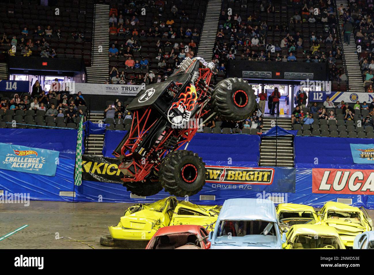 NORFOLK, VA - OCTOBER 31: Monster Truck Bone Shaker driven by Cody Holman  doing stunts during Hot Wheels Monster Trucks Live on October 31, 2021, at  Scope Arena in Norfolk, VA. (Photo