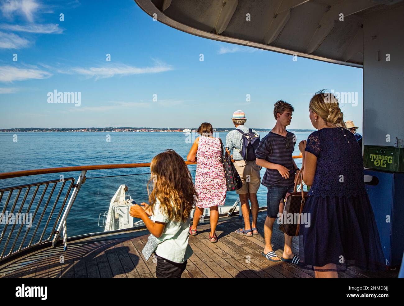 ELSINORE, DENMARK – 3 AUG 2018: Passengers on a ferry to the city of Elsinore in Denmark. Stock Photo