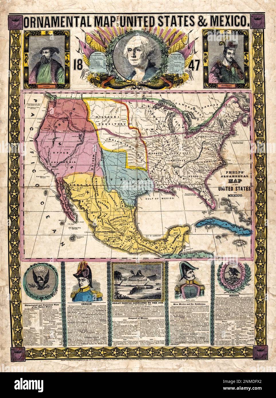 Enhanced, restored, reproduction of an antique map showing the United States and Mexico mid 19th century. Original title: 'Ornamental map of the United States & Mexico.' Published 1847. Gives historical data, thumbnail biographies, and statistical data within information boxes. Includes portraits of Cortez, Montezuma, Washington, Gen. Santa Anna, Gen. Taylor. Shows route of certain railroads. This antique map was intended for decorative purposes but is full of historical information. Although edited and brightened, this reproduction retains imperfections characteristic of an antique wall map. Stock Photo