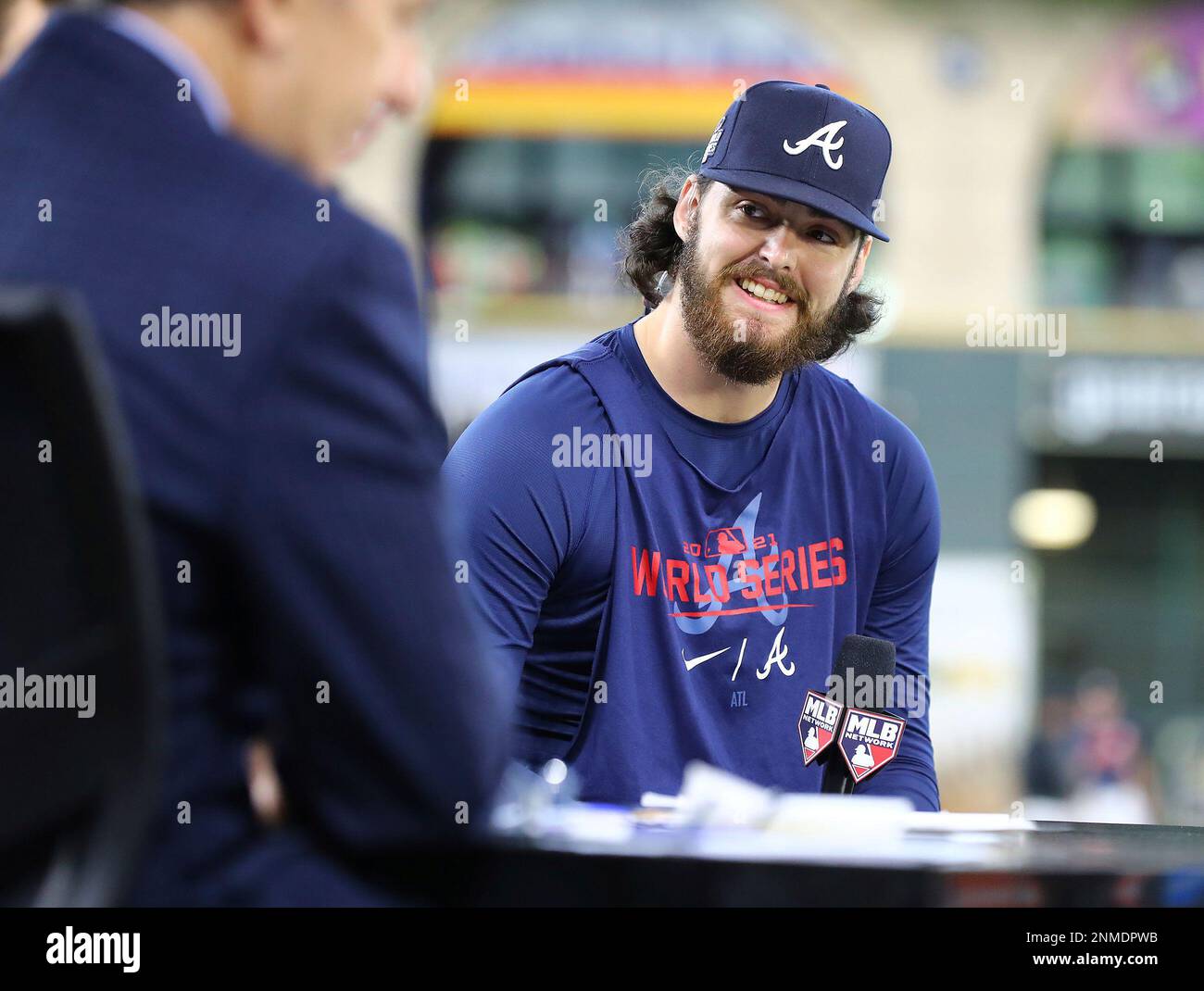 Atlanta Braves pitcher Ian Anderson smiles while he is interviewed by