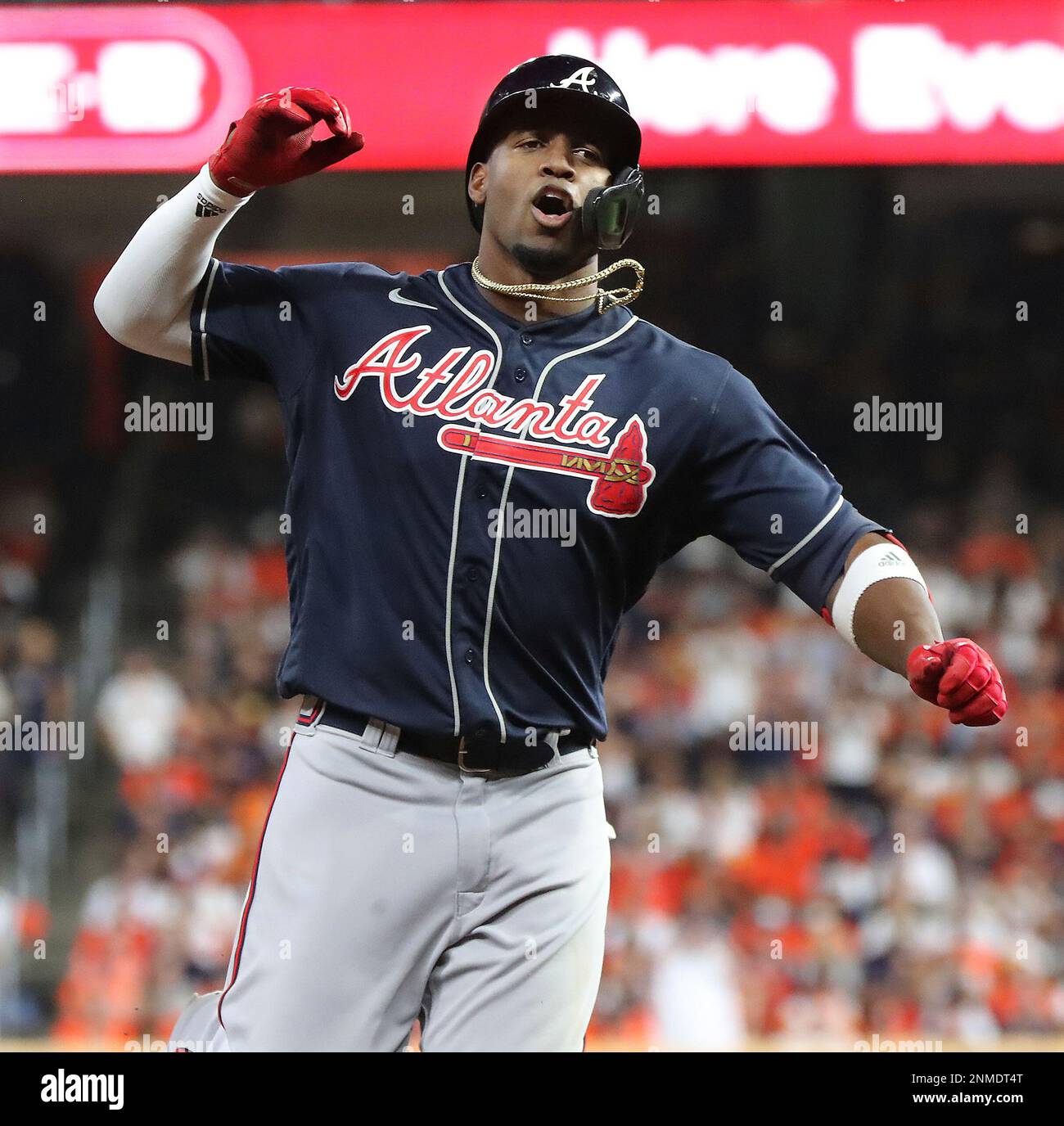 Atlanta Braves designated hitter Jorge Soler chops as he rounds third while  celebrating leading off game 1 with a solo homer against the Astros during  the first inning of the World Series