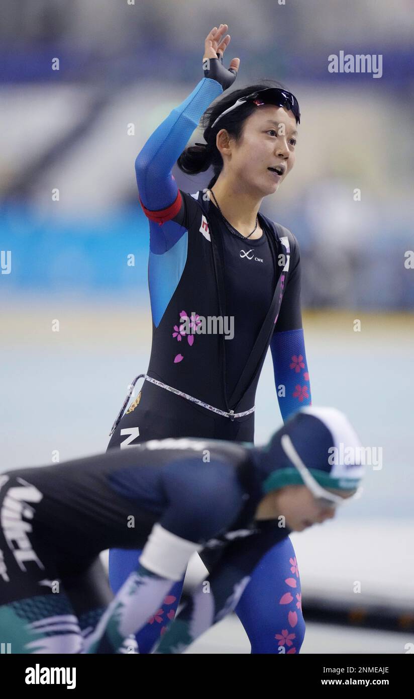 Japanese speed skater Miho Takagi reacts after competing women's