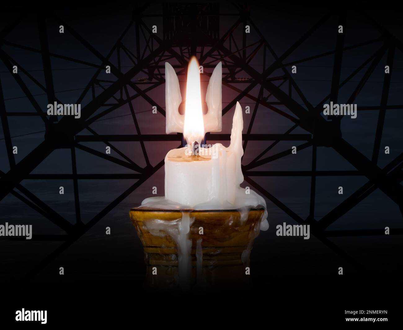 A burning candle melted like the coat of arms of Ukraine symbolizes the