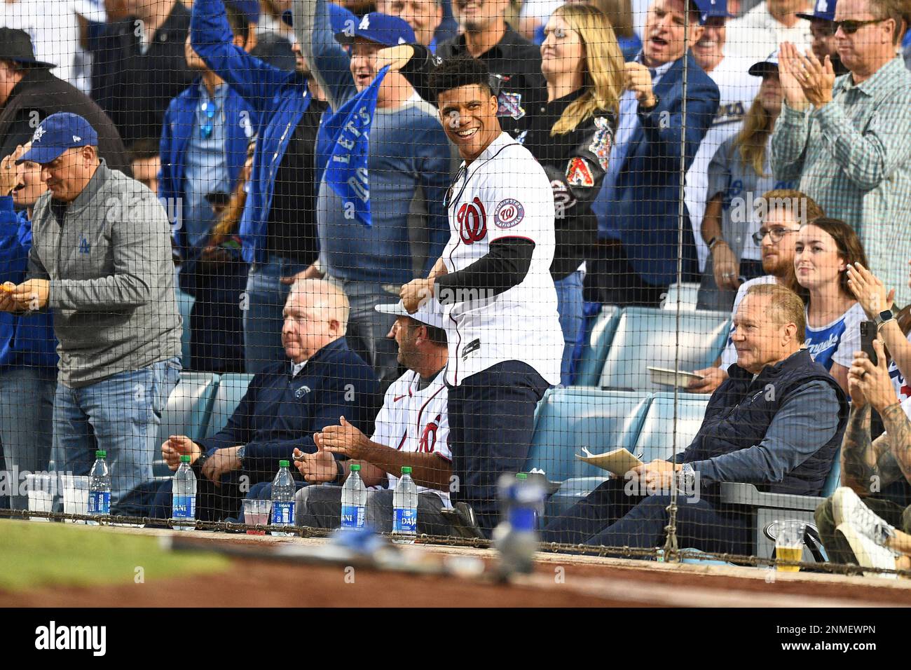 LOS ANGELES, CA - OCTOBER 06: Washington Nationals Juan Soto, wearing a  Trea Turner Nationals jersey, cheers in the stands during the MLB National  League Wild Card game between the St. Louis