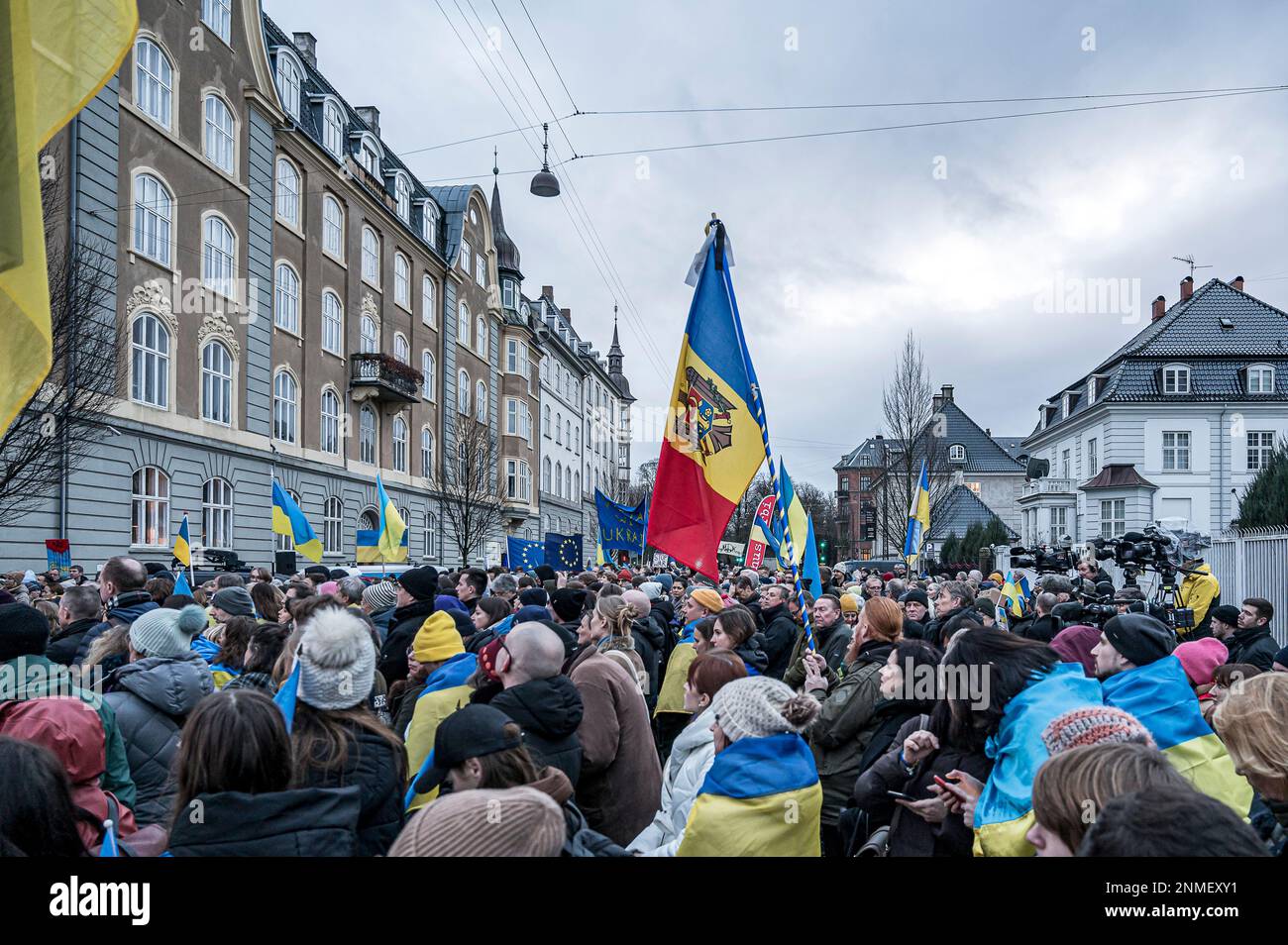 prostest in front of the russian Embassy in Copenhagen on the 24th of february 2023 Stock Photo