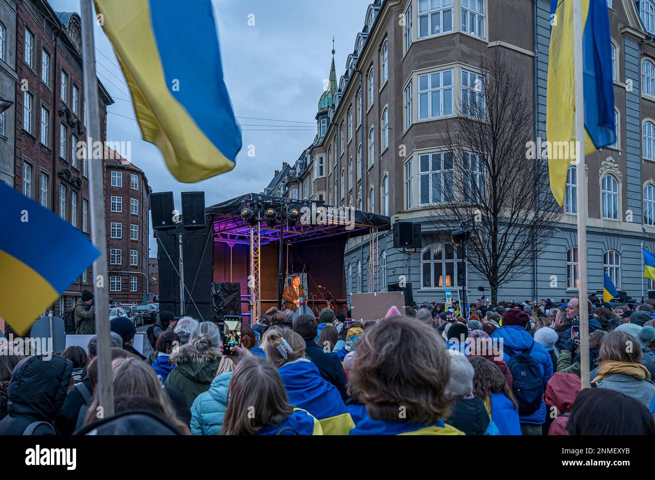prostest in front of the russian Embassy in Copenhagen on the 24th of february 2023 Stock Photo