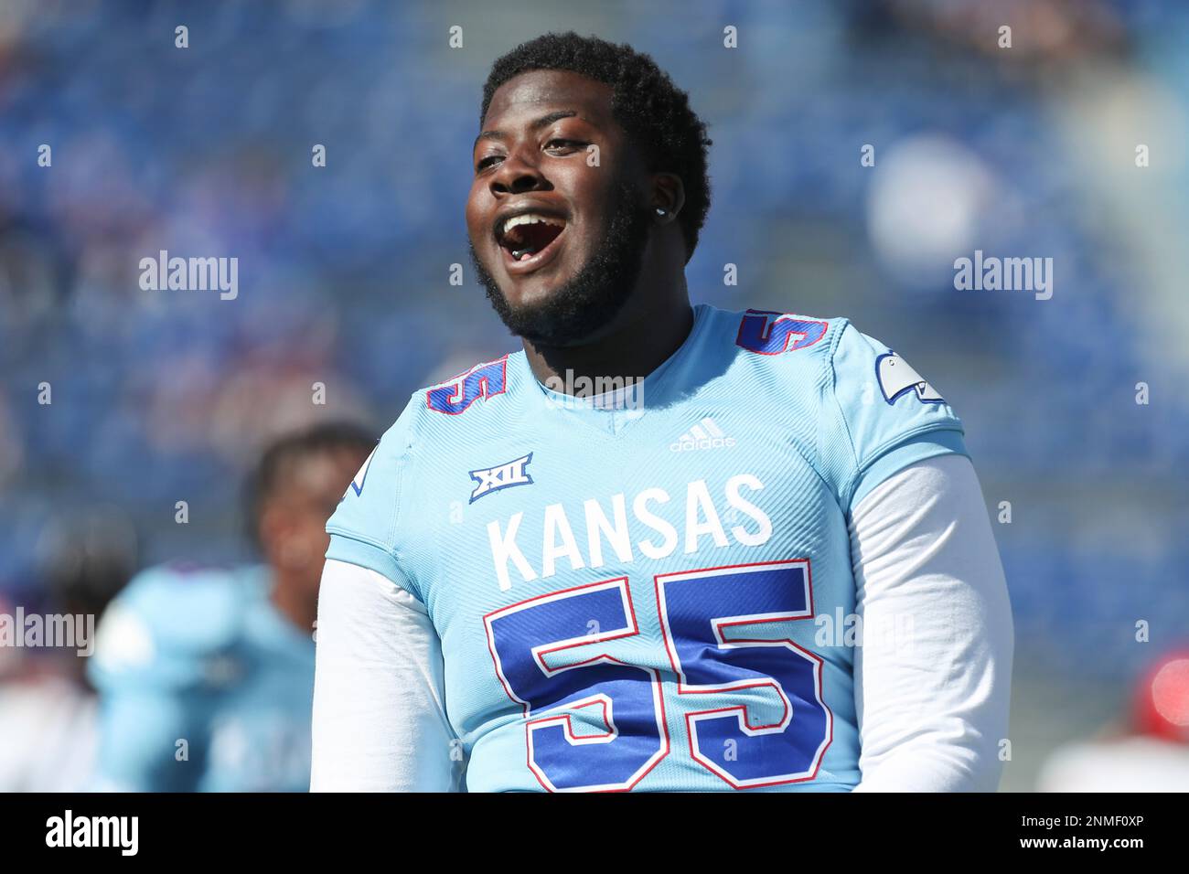 LAWRENCE, KS - OCTOBER 16: Kansas Jayhawks offensive lineman Armaj  Reed-Adams (55) before a Big 12 football game between the Texas Tech Red  Raiders and Kansas Jayhawks on Oct 16, 2021 at