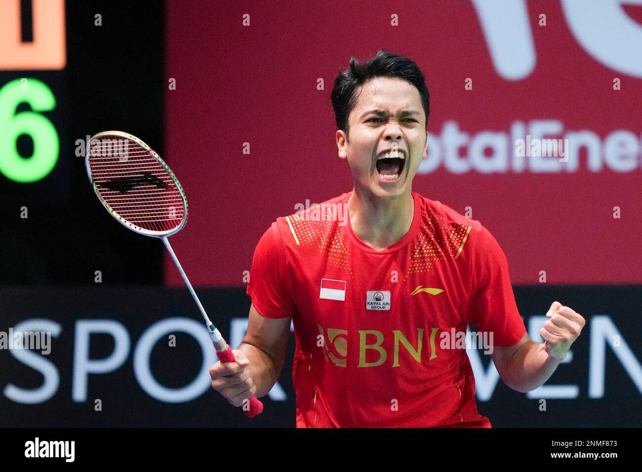 Indonesias Anthony Sinisuka Ginting celebrates winning a mens single match in the Thomas Cup mens team final match between China and Indonesia, in Aarhus, Denmark, Sunday Oct