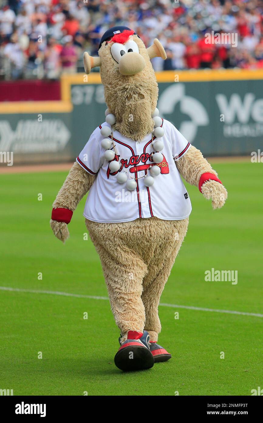 ATLANTA, GA - OCTOBER 12: Braves mascot Blooper with his pearl necklace  prior to the NLDS Game 4 baseball game between the Atlanta Braves and the  Milwaukee Brewers on October 12, 2021