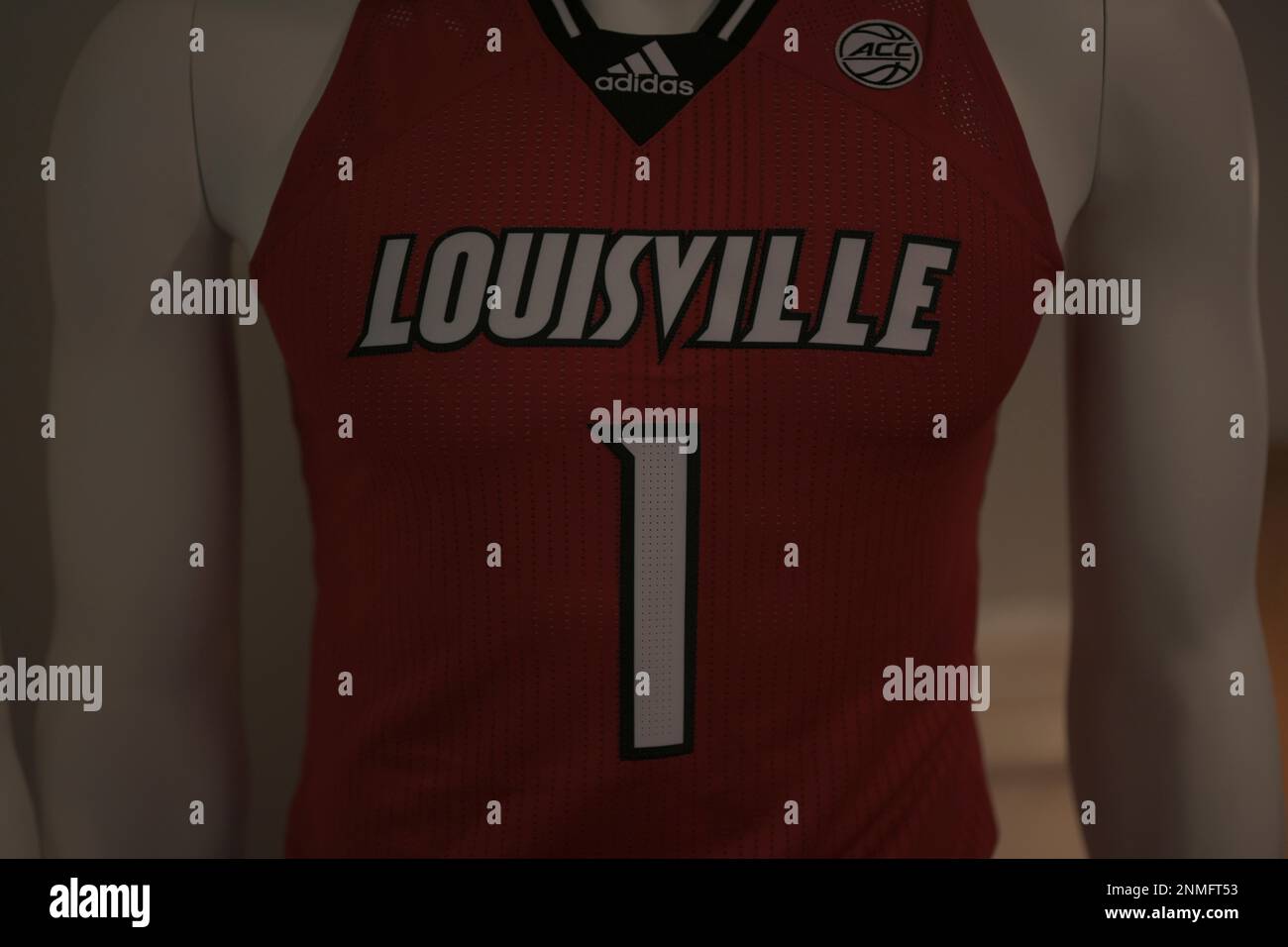 CHARLOTTE, NC - OCTOBER 12: The Louisville Cardinals jersey is on display  during the ACC Basketball Tipoff on October 12, 2021, at the Charlotte  Marriott City Center in Charlotte, NC. (Photo by