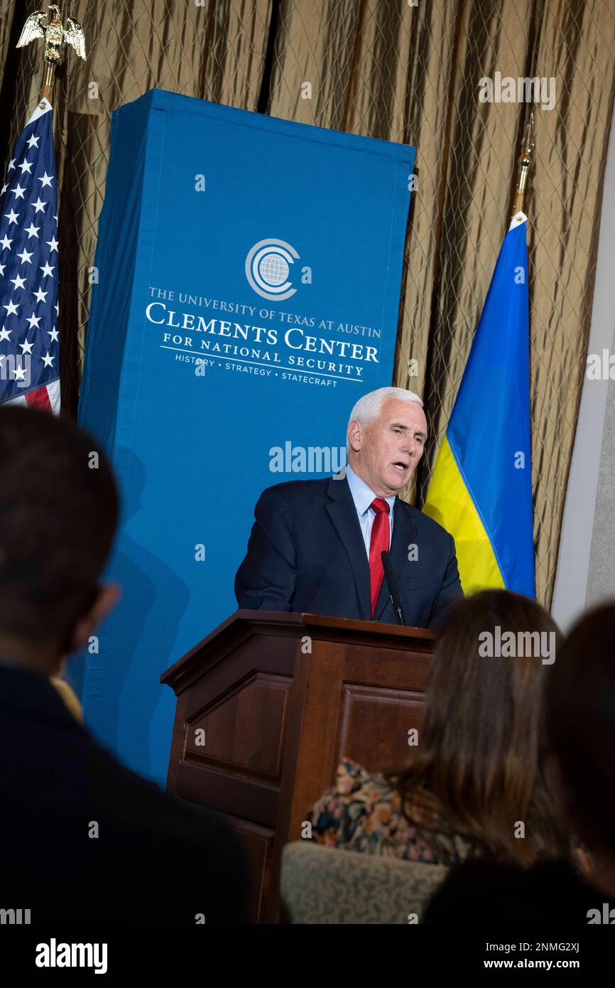 Former U.S. vice president MIKE PENCE give a foreign policy speech on the one-year anniversary of the Russia-Ukraine war in front of a hundred graduate students and professors at the University of Texas at Austin on February 24, 2023. Pence shared his support for additional assistance to the war-torn country and criticized American leaders on both sides of the aisle. Credit: Bob Daemmrich/Alamy Live News Stock Photo
