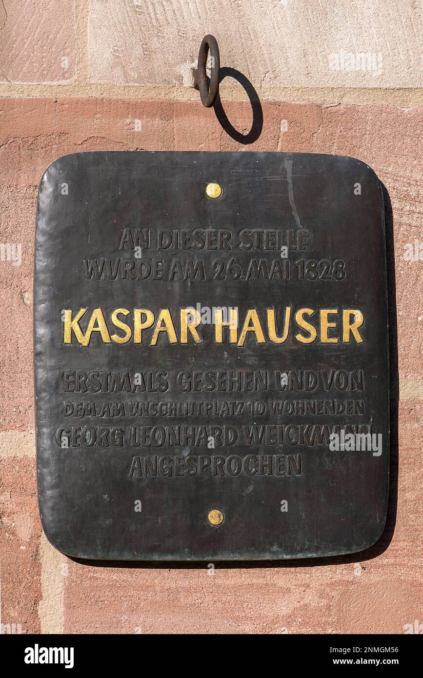 Memorial plaque to Kaspar Hauser addressed here at the Unschlittplatz in 1828, Nuremberg, Middle Franconia, Bavaria, Germany Stock Photo