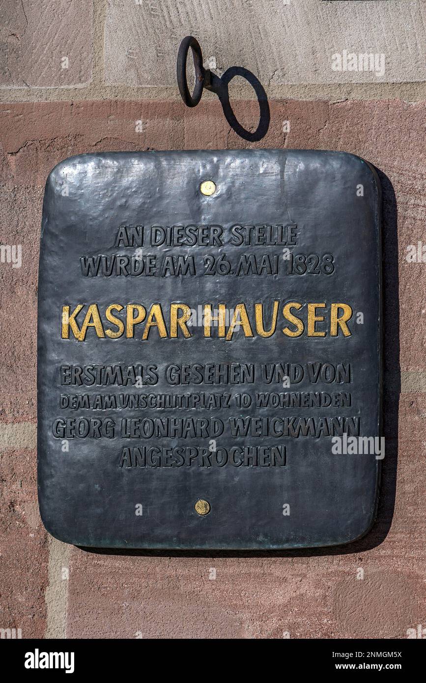 Memorial plaque to Kaspar Hauser, who was addressed here at the Unschlittplatz in 1828, Nuremberg, Middle Franconia, Bavaria, Germany Stock Photo