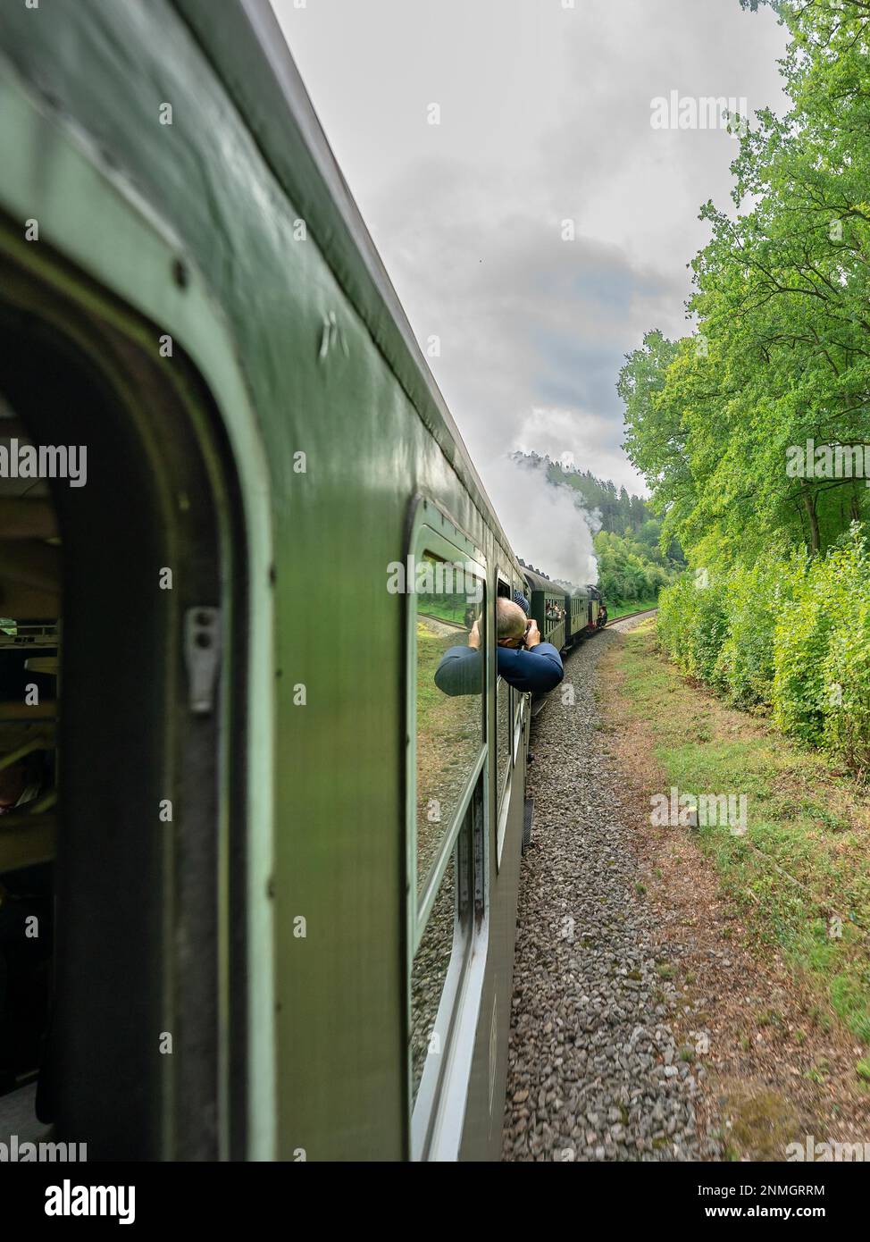 Green historic railway carriage on steam locomotive, Calw, Black Forest ...