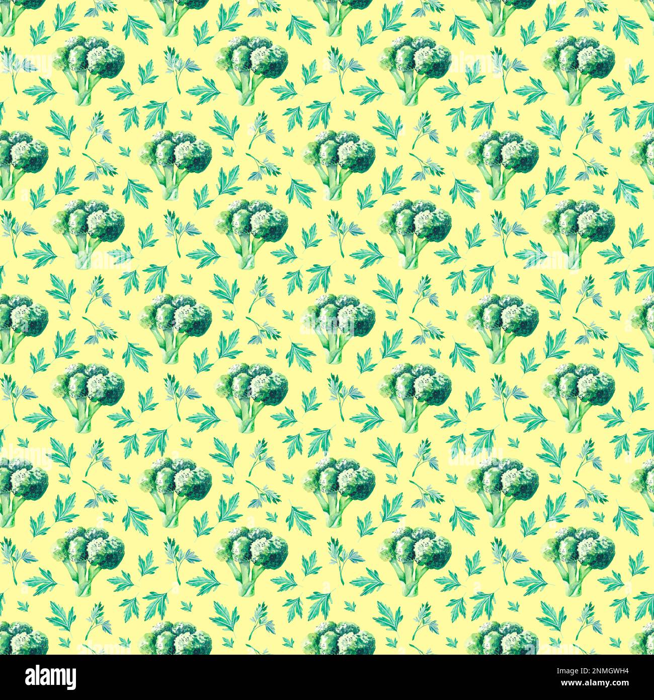 Watercolor green pattern of broccoli, parsley. A pattern on the theme of vegetarianism, veganism for decorating fabrics, packaging, wallpaper, textile Stock Photo