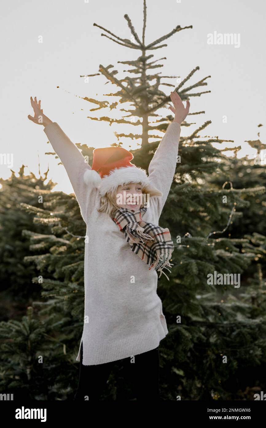 Girl with Christmas hat in front of fir trees Stock Photo
