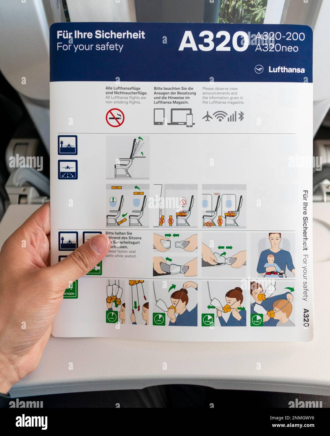 Boarding card with safety instructions in a Lufthansa A320 aircraft