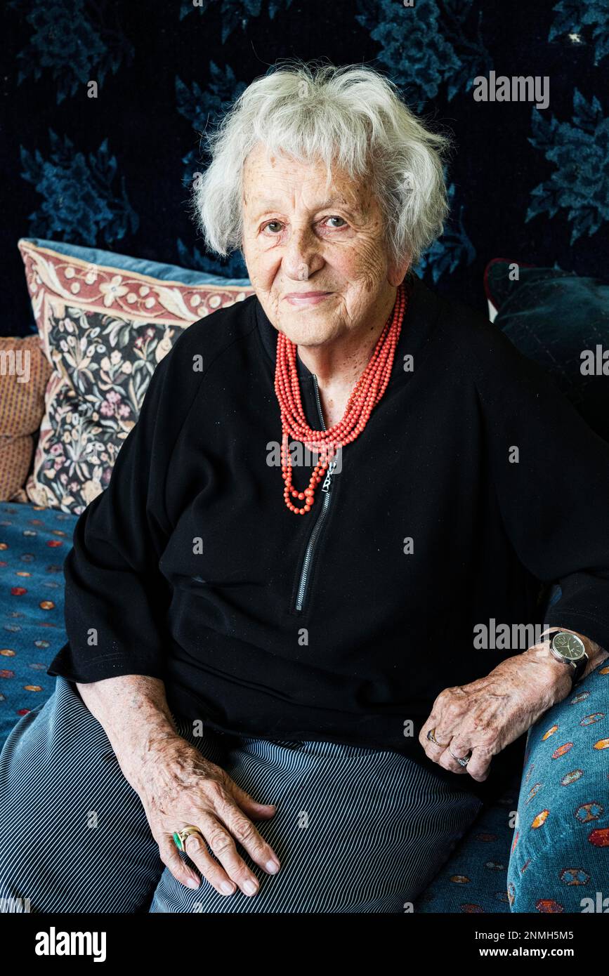 Portrait Ingrid Noll, German author, crime novelist, bestselling author in her home in Weinheim, Baden-Wuerttemberg, Germany Stock Photo