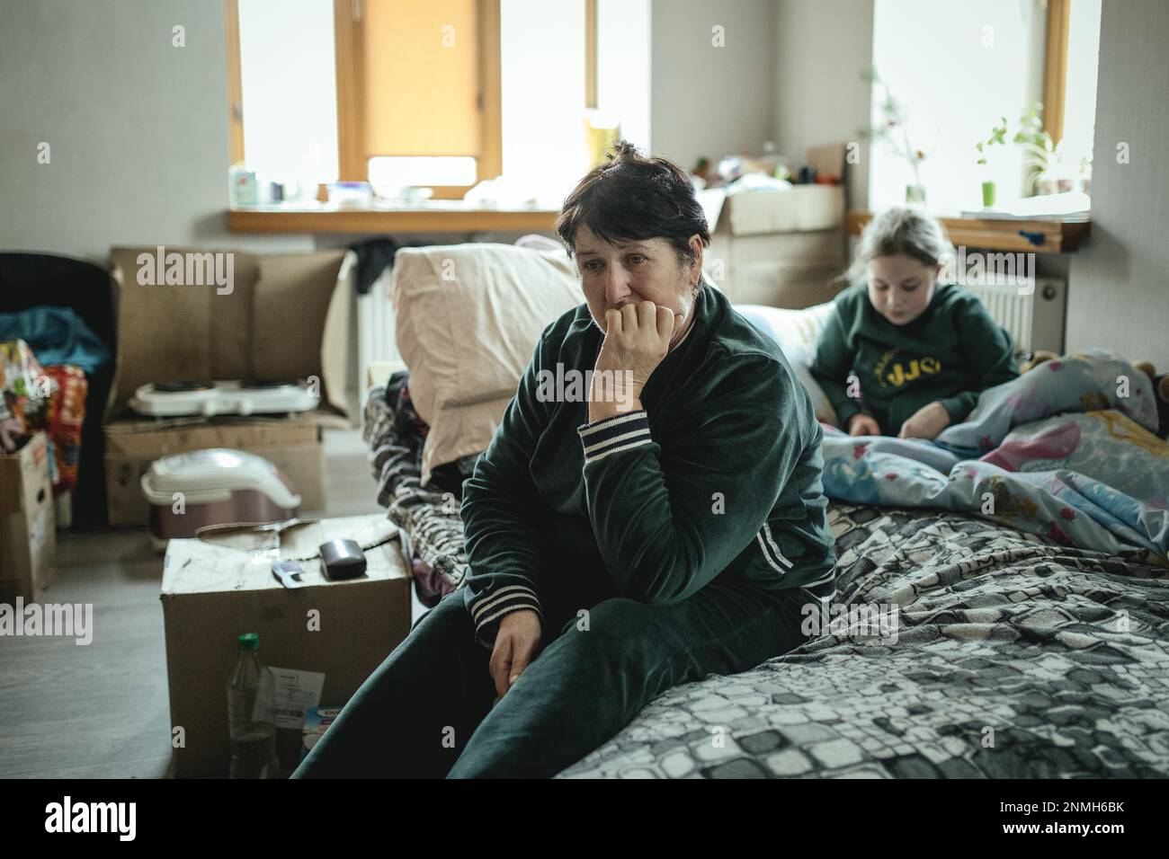 Sveta Borisenka, fled from Soledar, in the dormitory of an emergency shelter, Dnipro, Ukraine, 2023 Stock Photo