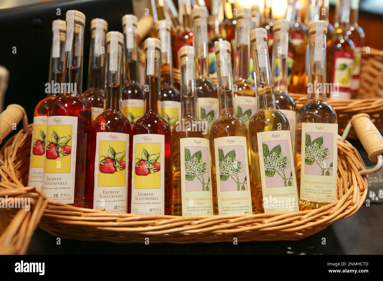 Distillery Rabel, Berghof Rabel, farm shop, specialities, distillates, liqueur, schnapps, alcoholic products, strawberry Schluerferle and elderflower Stock Photo