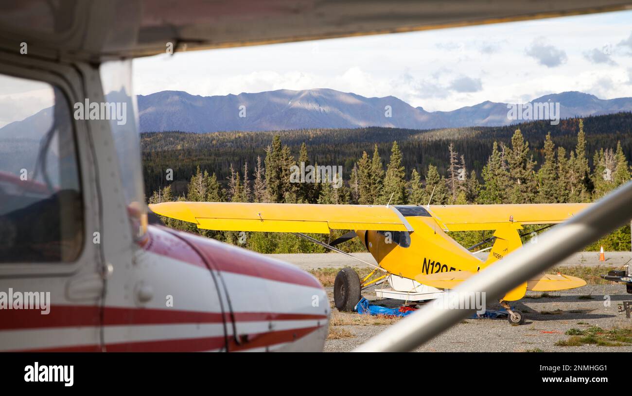 Small aircraft at the small airfield of Chitina in the Wrangell Mountains of Alaska Stock Photo